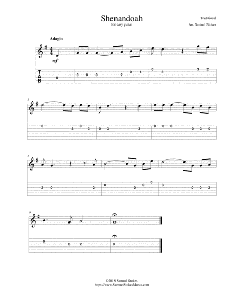 Shenandoah For Easy Guitar With Tab Sheet Music