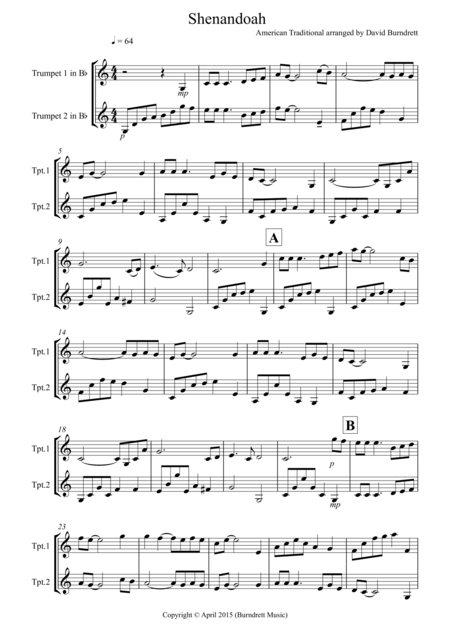 Free Sheet Music Shenandoah For Trumpet Duet