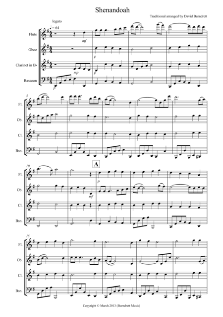 Free Sheet Music Shenandoah For Wind Quartet