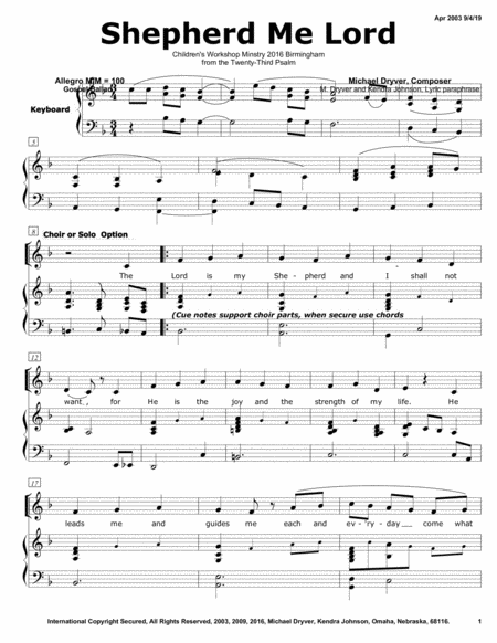 Shepherd Me Lord Three Part Children Choir Sheet Music