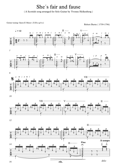 Free Sheet Music Shes Fair And Fause Arranged For Classical Guitar Tabs