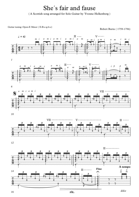 Shes Fair And Fause Arranged For Classical Guitar Tabs Sheet Music