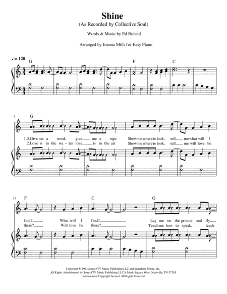 Shine As Recorded By Collective Soul For Easy Piano In The Key Of C Sheet Music