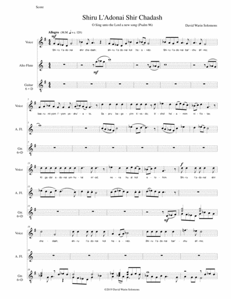 Free Sheet Music Shiru L Adonai Shir Chadash O Sing Unto The Lord A New Song Psalm 96 Verses 1 4 For Soprano Alto Flute And Classical Guitar