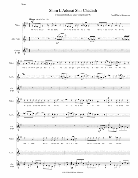 Shiru L Adonai Shir Chadash O Sing Unto The Lord A New Song Psalm 96 Verses 1 4 For Soprano Alto Flute And Classical Guitar Sheet Music