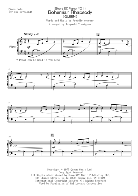 Free Sheet Music Short Ez Piano 01 Bohemian Rhapsody Queen
