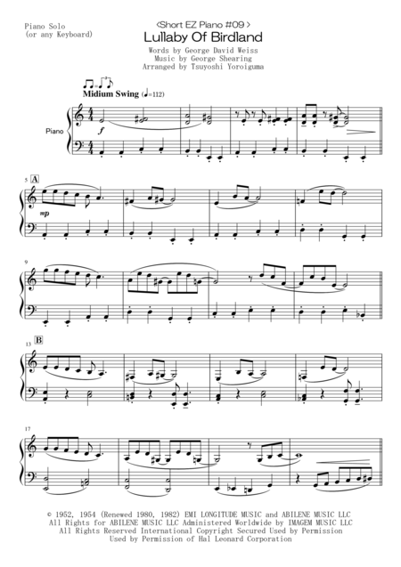 Short Ez Piano 09 Lullaby Of Birdland Sheet Music