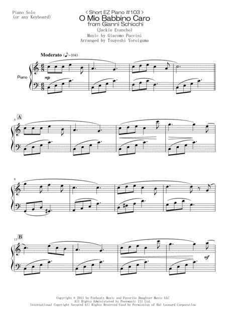 Free Sheet Music Short Ez Piano 103 O Mio Babbino Caro From Gianni Schicchi Jackie Evancho