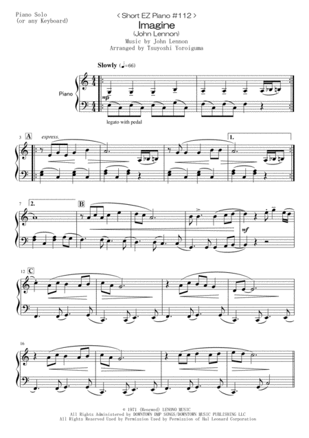 Free Sheet Music Short Ez Piano 112 Imagine John Lennon