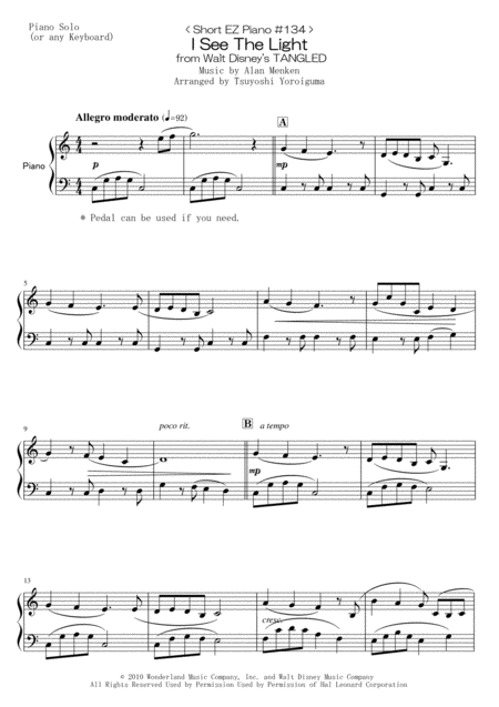 Short Ez Piano 134 I See The Light From Walt Disneys Tangled Sheet Music