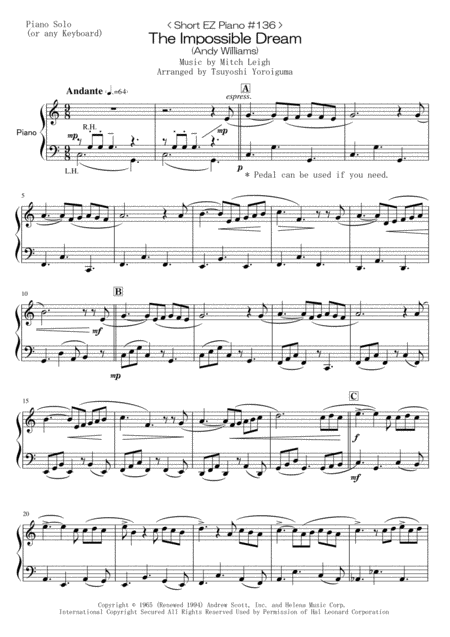 Free Sheet Music Short Ez Piano 136 The Impossible Dream From Man Of La Mancha Andy Williams