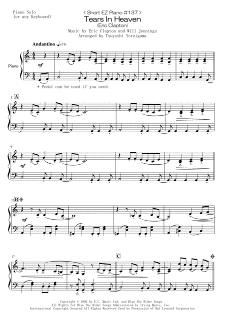 Short Ez Piano 137 Tears In Heaven Eric Clapton Sheet Music