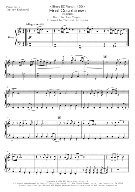 Free Sheet Music Short Ez Piano 159 Final Countdown Europe