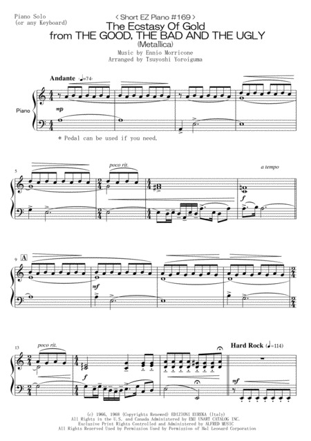 Free Sheet Music Short Ez Piano 169 The Ecstasy Of Gold From The Good The Bad And The Ugly Metallica