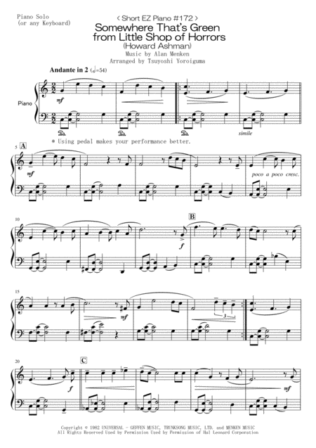 Short Ez Piano 172 Somewhere Thats Green From Little Shop Of Horrors Howard Ashman Sheet Music