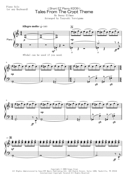 Free Sheet Music Short Ez Piano 209 Tales From The Crypt Theme