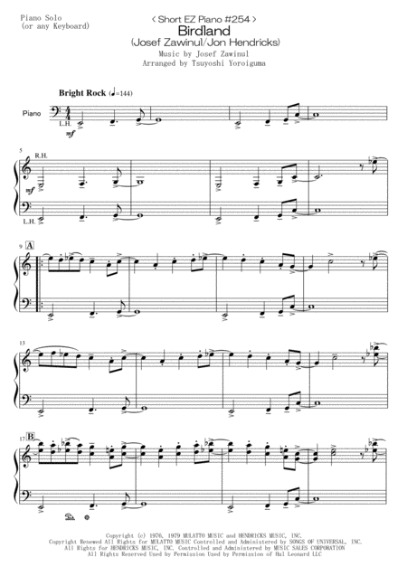 Short Ez Piano 254 Birdland Josef Zawinul Jon Hendricks Sheet Music