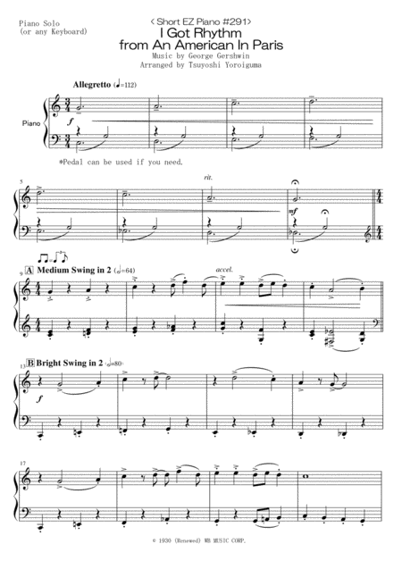 Free Sheet Music Short Ez Piano 291 I Got Rhythm From An American In Paris