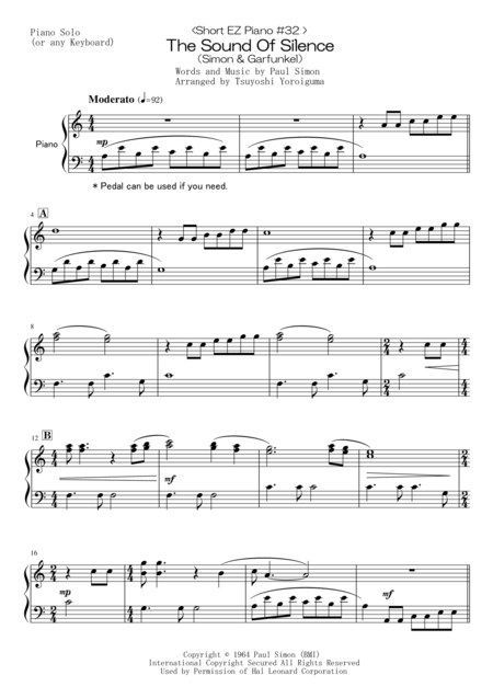 Free Sheet Music Short Ez Piano 32 The Sound Of Silence