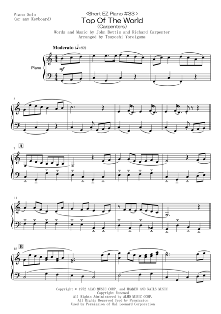 Free Sheet Music Short Ez Piano 33 Top Of The World