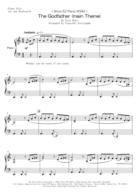 Short Ez Piano 342 The Godfather Main Theme Sheet Music