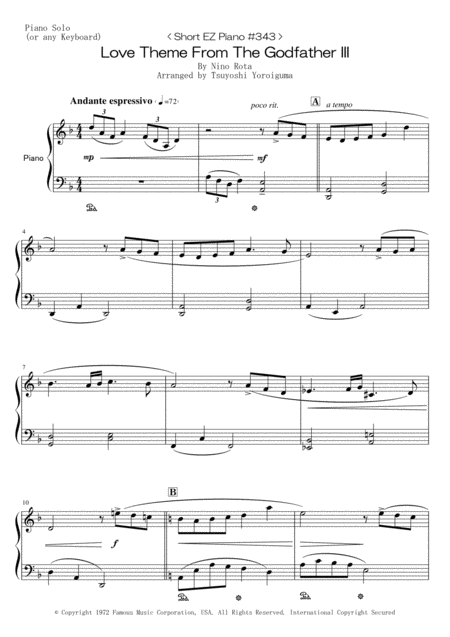 Short Ez Piano 343 Love Theme From The Godfather Iii Sheet Music