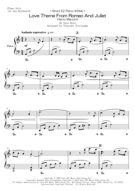 Short Ez Piano 344 Love Theme From Romeo And Juliet Sheet Music