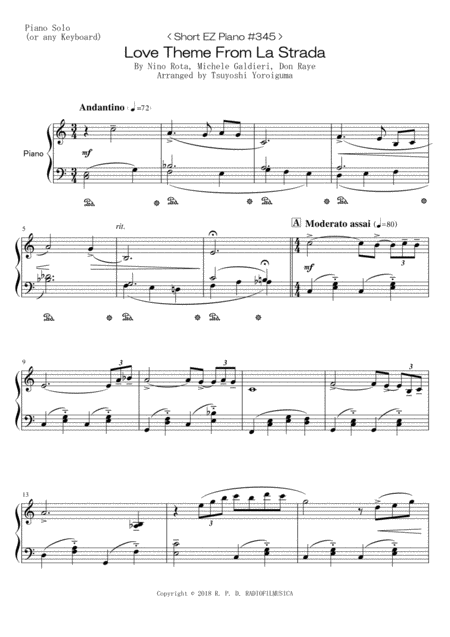 Free Sheet Music Short Ez Piano 345 Love Theme From La Strada