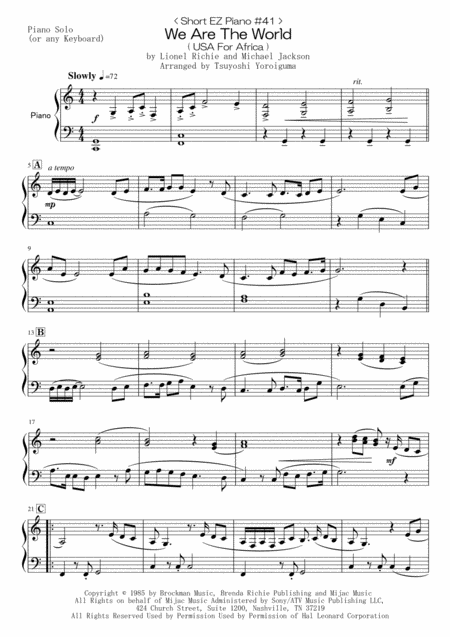 Free Sheet Music Short Ez Piano 41 We Are The World Usa For Africa