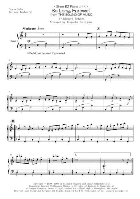 Short Ez Piano 44 So Long Farewell From The Sound Of Music Sheet Music