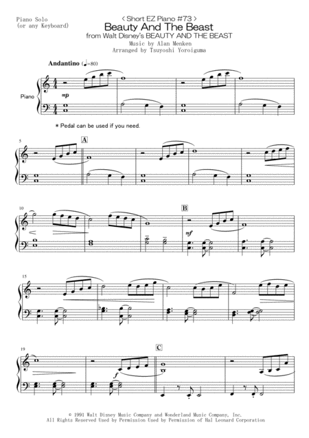 Short Ez Piano 73 Beauty And The Beast From Walt Disneys Beauty And The Beast Sheet Music