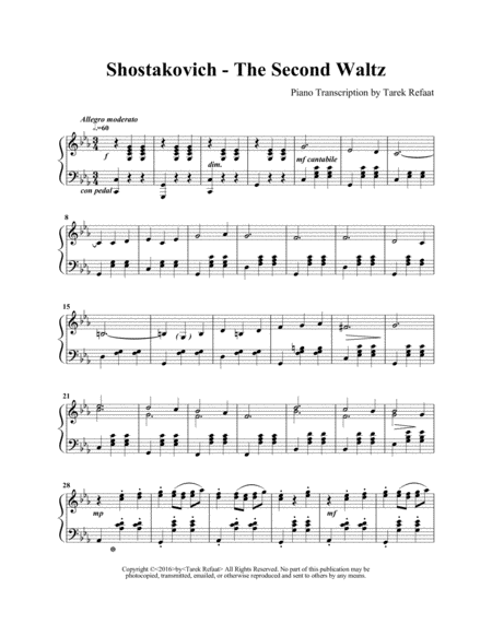 Shostakovich The Second Waltz Piano Transcription By Tarek Refaat Sheet Music