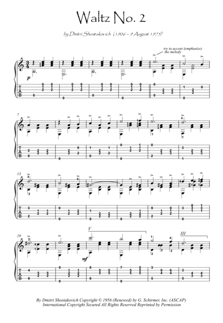 Free Sheet Music Shostakovich Waltz 2 Guitar Solo