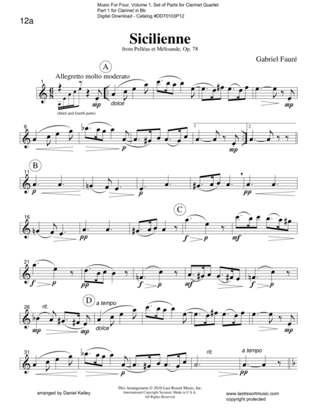 Free Sheet Music Sicilienne From Pelleas Et Melisande Clarinet Quartet