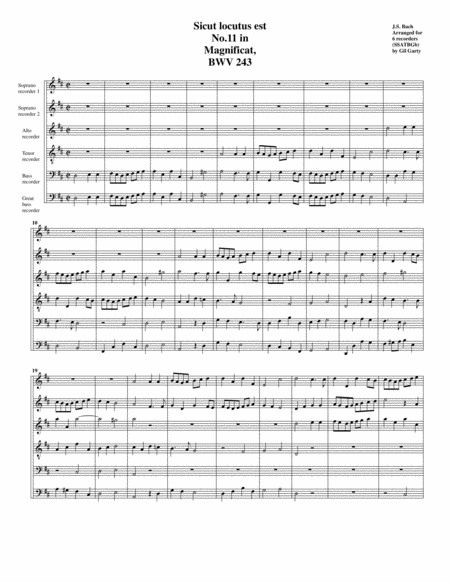 Sicut Locutus Est From Magnificat Bwv 243 Arrangement For 6 Recorders Sheet Music