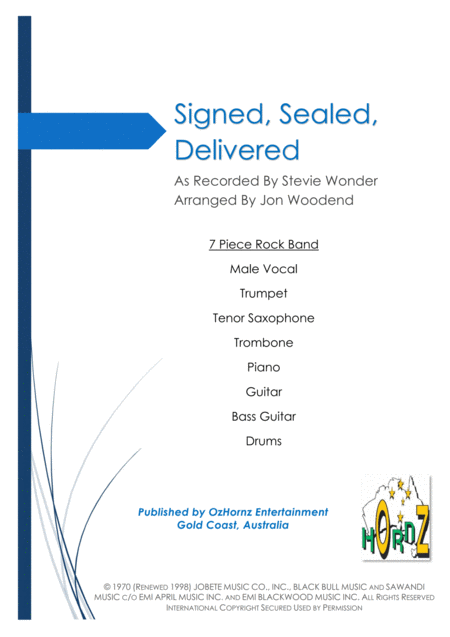 Signed Sealed Delivered I M Yours 7 Piece Pop Rock Band Sheet Music