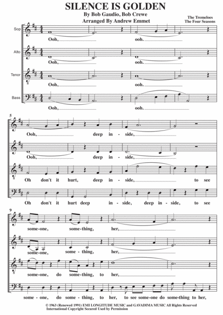 Silence Is Golden A Cappella Sheet Music