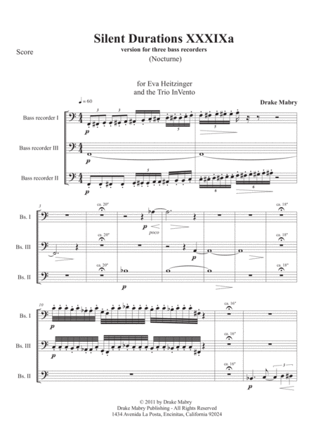 Silent Durations Xxxixa 3 Bass Recorder Version Sheet Music