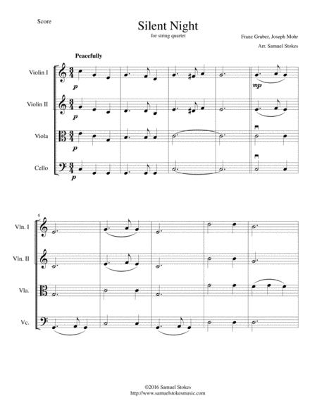 Silent Night Beautiful Arrangement For String Quartet Sheet Music