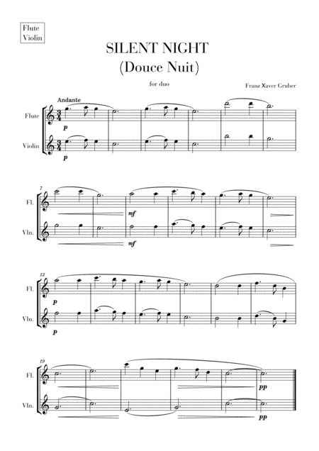 Silent Night Douce Nuit For Flute And Violin Duet Sheet Music