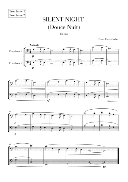 Silent Night Douce Nuit For Trombone Duet Sheet Music