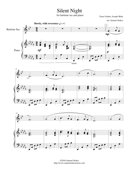 Free Sheet Music Silent Night For Baritone Sax And Piano