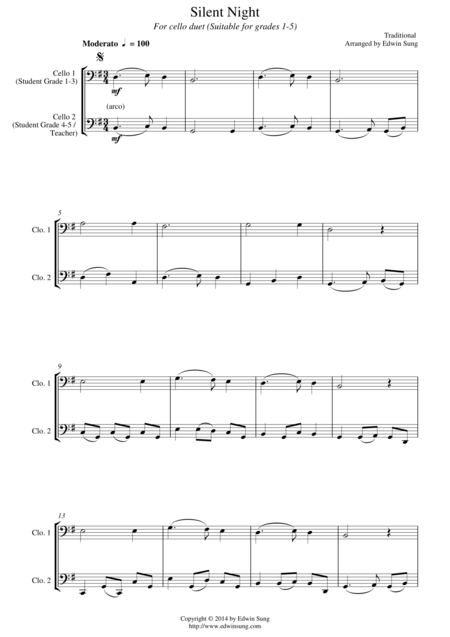 Free Sheet Music Silent Night For Cello Duet Suitable For Grades 1 5