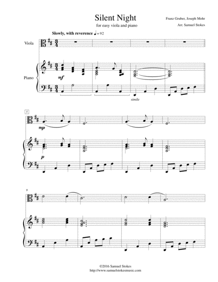 Silent Night For Easy Viola Optional Piano Accompaniment Sheet Music