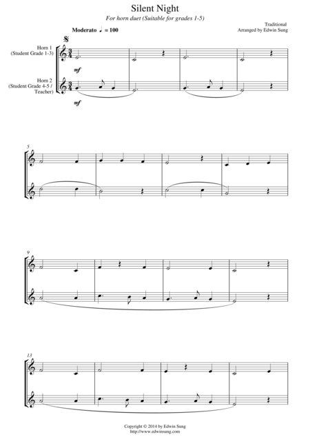 Silent Night For Horn Duet Suitable For Grades 1 5 Sheet Music