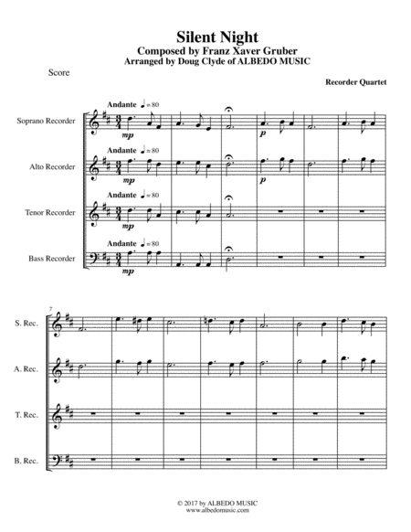 Silent Night For Recorder Quartet Sheet Music