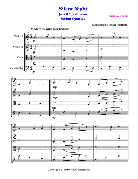 Silent Night For String Quartet Jazz Pop Version Video Sheet Music