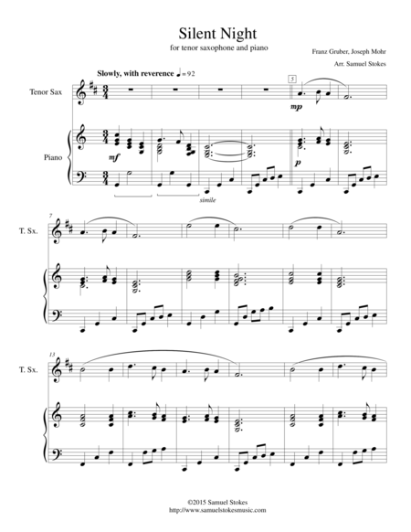 Free Sheet Music Silent Night For Tenor Saxophone And Piano
