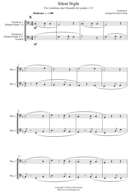 Silent Night For Trombone Duet Suitable For Grades 1 5 Sheet Music