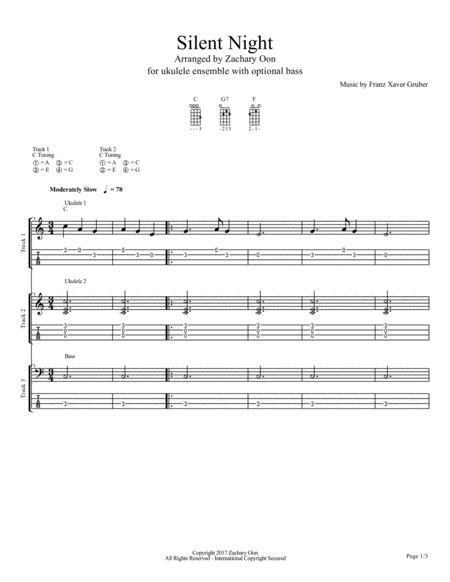 Silent Night For Ukulele Ensemble With Optional Bass Sheet Music